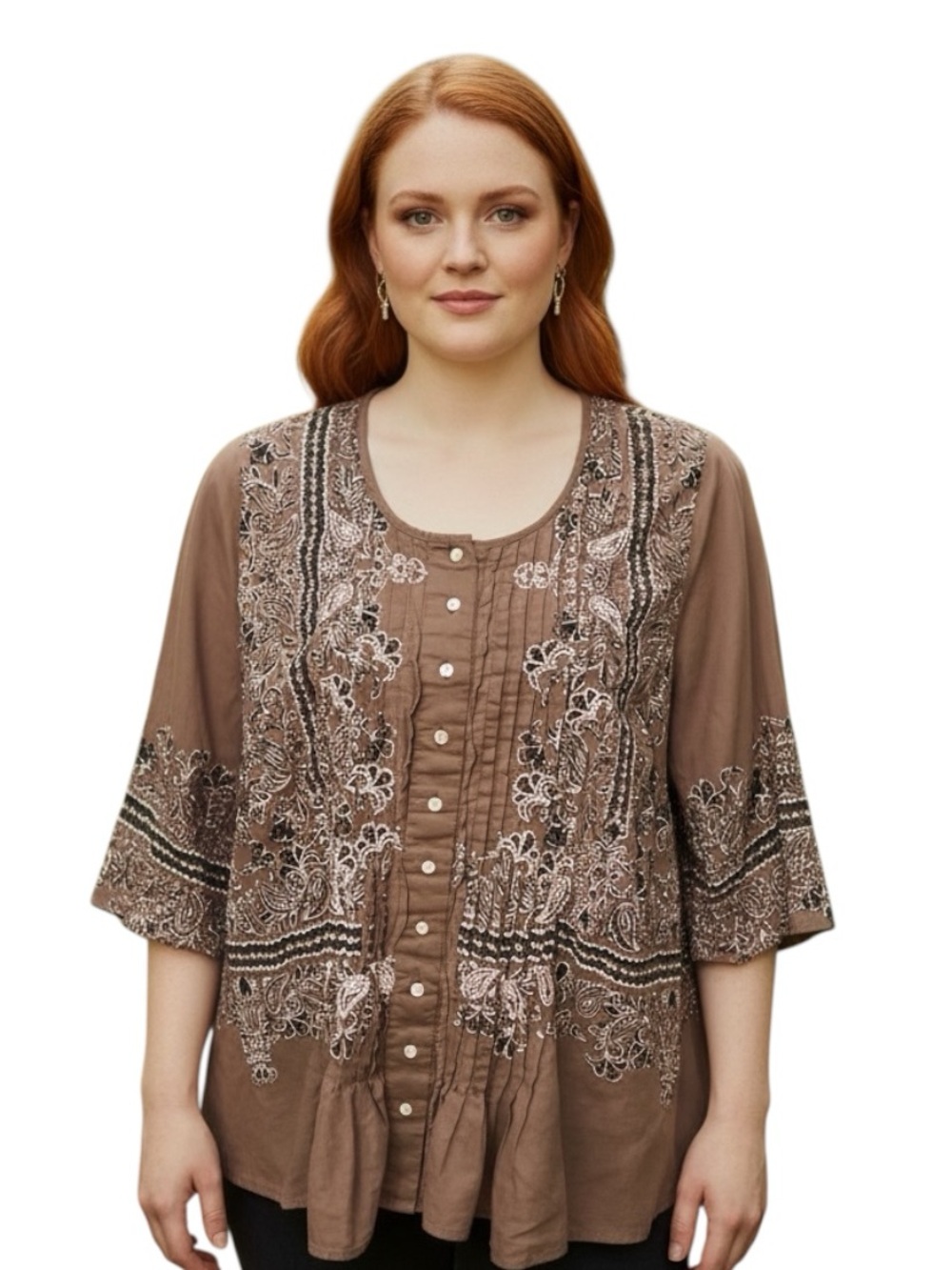 Denim 24/7 Plus Size Embroidered Brown Peasant Blouse 20W 100% Cotton